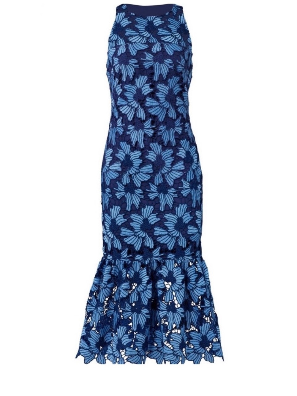 Shoshanna Navy and Light Blue Lace Midi Dress.